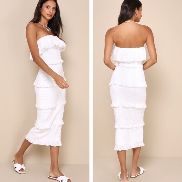Lulus Eye-Catching Presence White Smock Tiered Strapless Midi Dress Small Beach - Picture 1 of 7